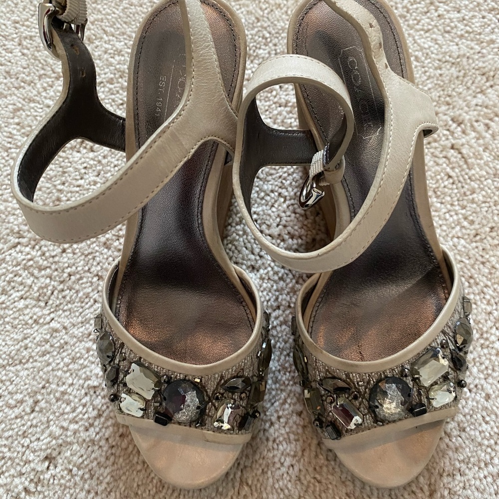 Coach winter white jeweled wedged sandal